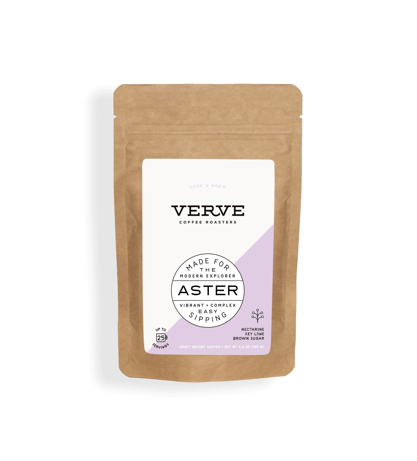 Verve Coffee Roasters - Aster - Dose & Brew - Made for the modern explorer - Vibrant + Complex - Easy sipping - Notes: Nectarine, Key Lime, Brown Sugar - Up to 25 Servings - Craft Instant Coffee