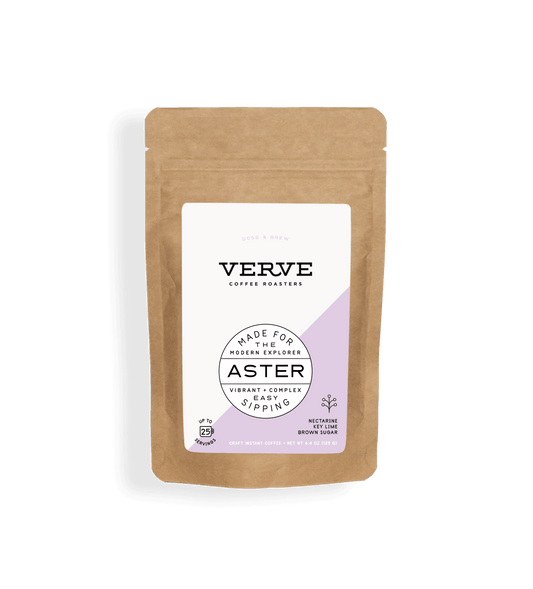 Verve Coffee Roasters - Aster - Dose & Brew - Made for the modern explorer - Vibrant + Complex - Easy sipping - Notes: Nectarine, Key Lime, Brown Sugar - Up to 25 Servings - Craft Instant Coffee