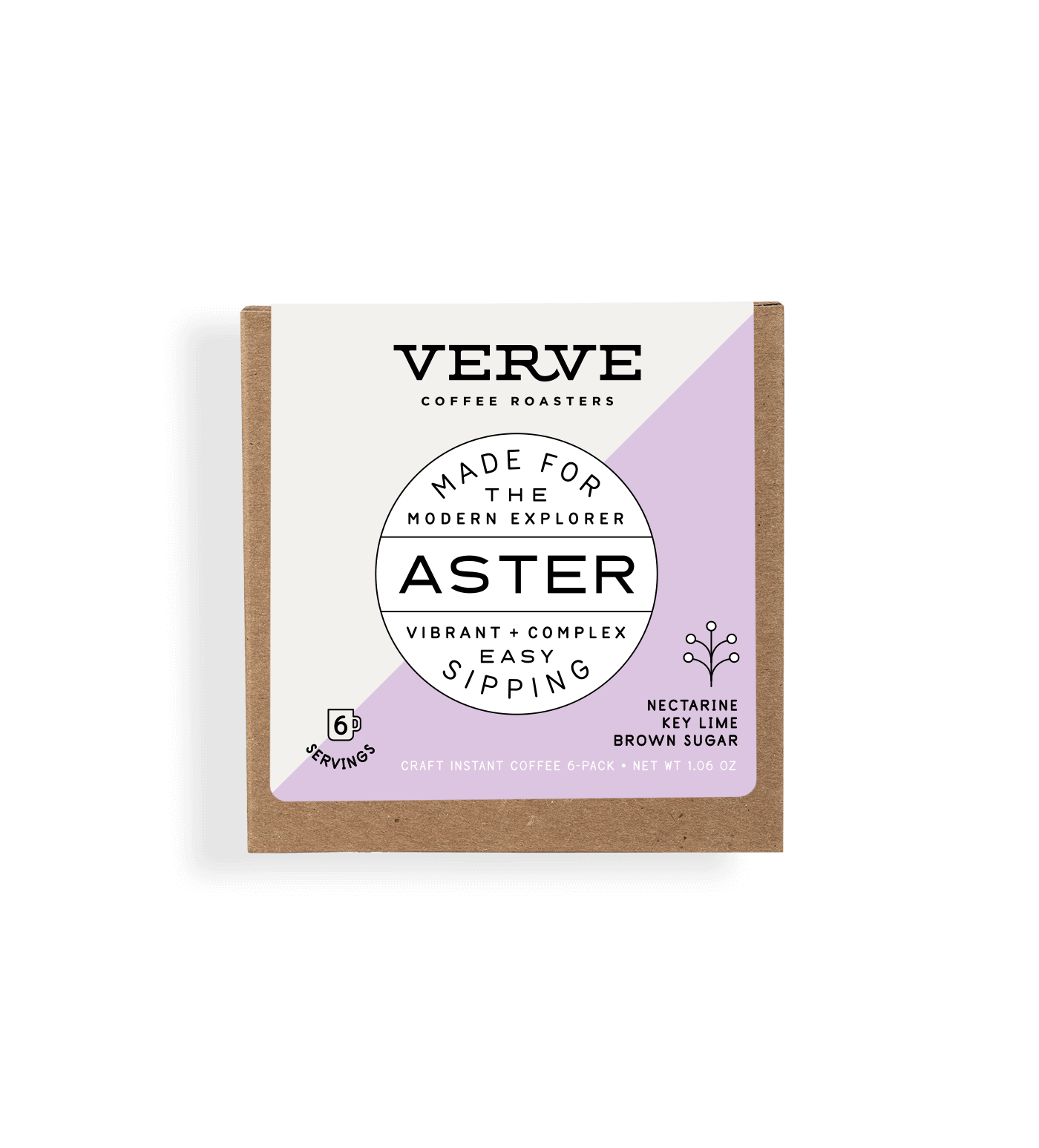 Verve Coffee Roasters - Aster - Made for the modern explorer - Vibrant + Complex - Easy sipping - Notes: Nectarine, Key Lime, Brown Sugar - Craft Instant Coffee - 6 Servings