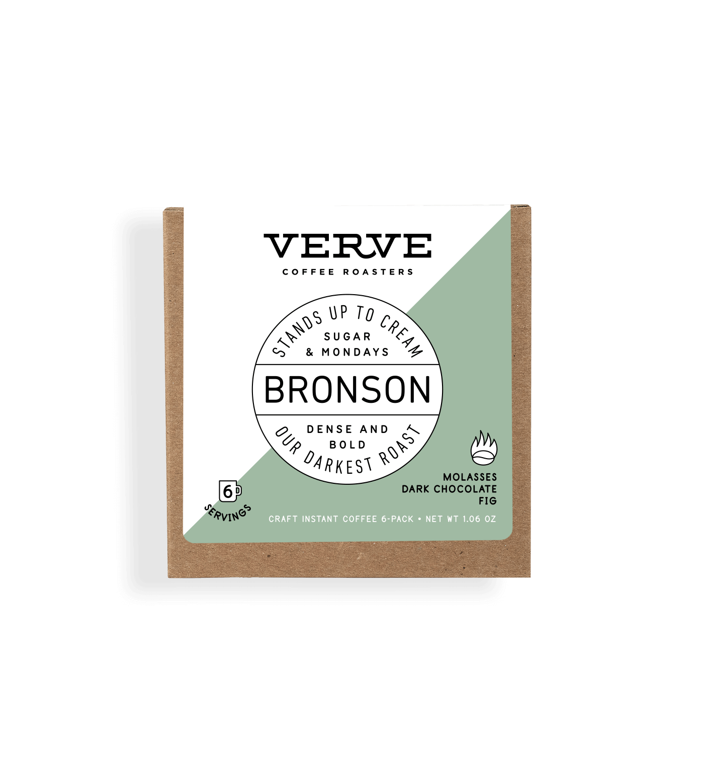 Verve Coffee Roasters - Bronson - Stands Up To Cream, Sugar, & Mondays - Dense and bold - Our darkest roast - Notes: Molasses, Dark Chocolate, Fig - 6 Servings - Craft Instant Coffee 6-Pack