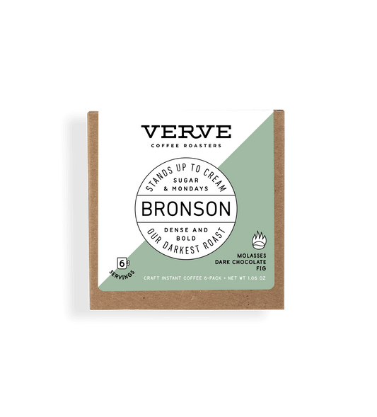 Verve Coffee Roasters - Bronson - Stands Up To Cream, Sugar, & Mondays - Dense and bold - Our darkest roast - Notes: Molasses, Dark Chocolate, Fig - 6 Servings - Craft Instant Coffee 6-Pack