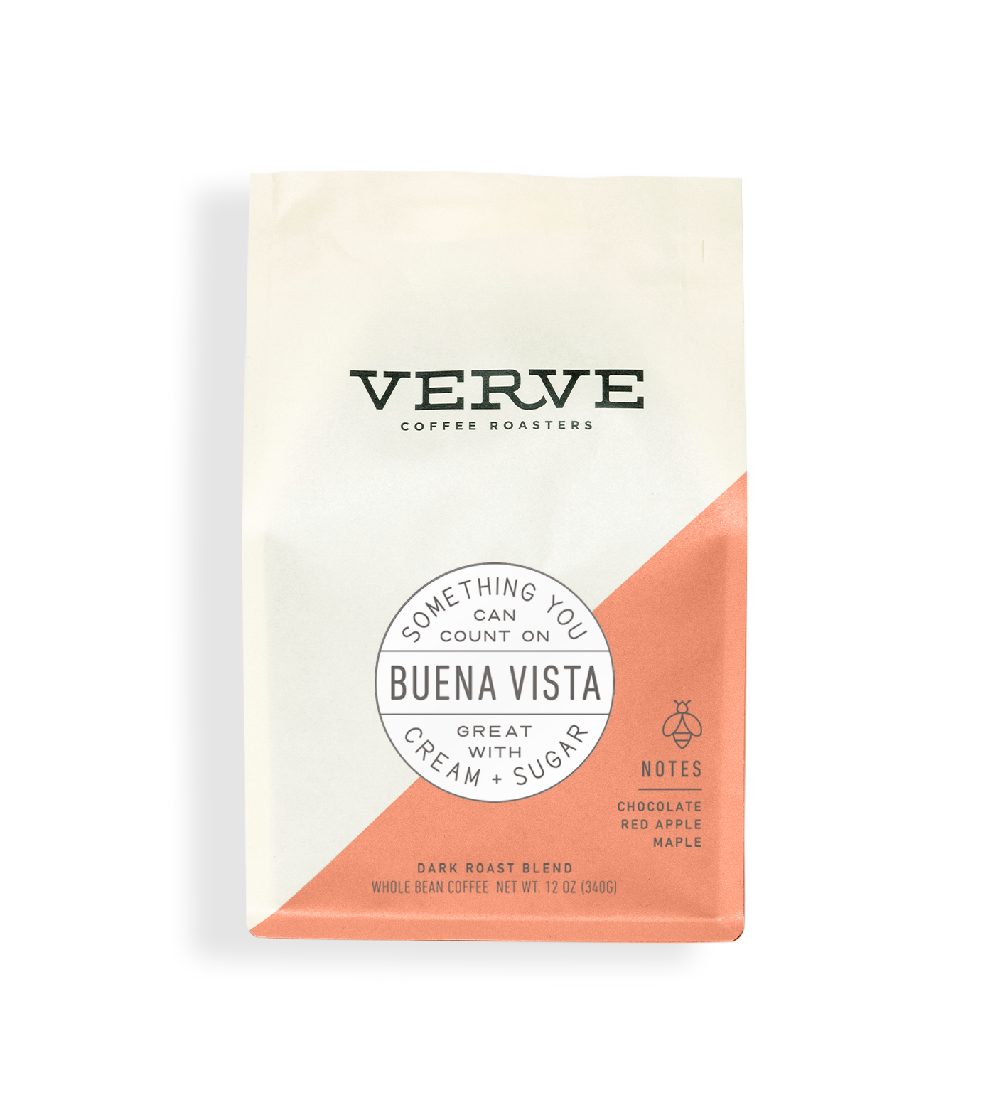 Verve Coffee Roasters - Buena Vista - Something you can count on - Great with cream + sugar - Dark Roast blend - Notes: Chocolate, Red Apple, Maple