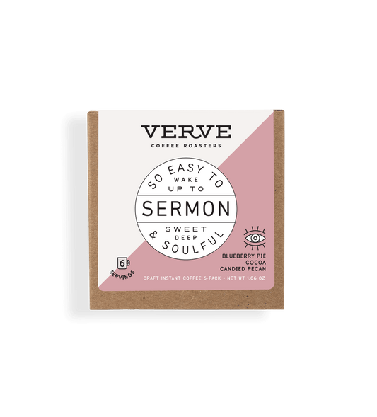 Verve Coffee Roasters - Sermon - So Easy To Wake Up To - Sweet, Deep, & Soulful - Notes: Blueberry Pie, Cocoa, Candied Pecan - 6 Servings - Craft Instant Coffee 6-Pack