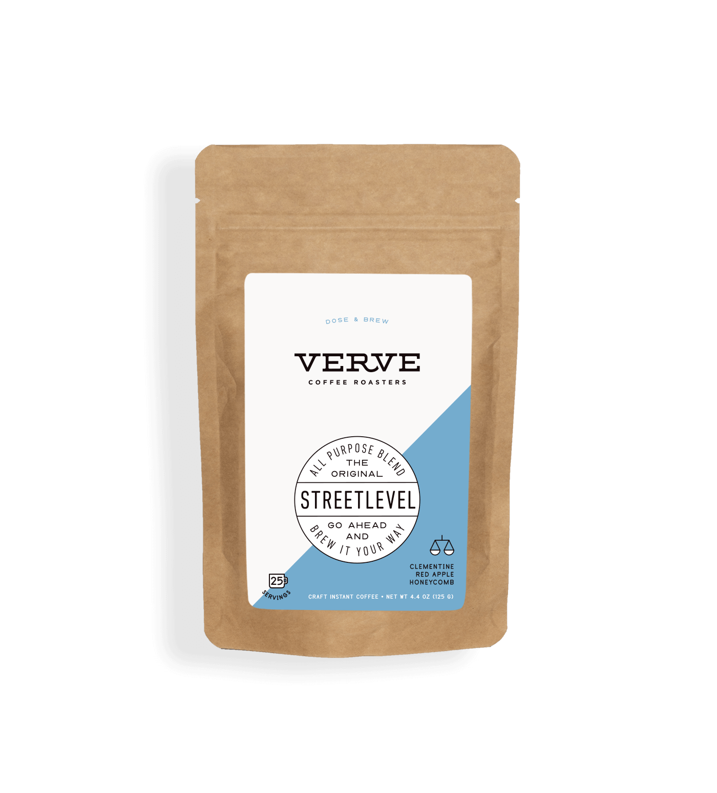 Verve Coffee Roasters - Streetlevel - Dose & Brew - All purpose blend - The original - Go ahead and brew it your way - Notes: Clementine, Red Apple, Honeycomb - Up to 25 Servings - Craft Instant Coffee